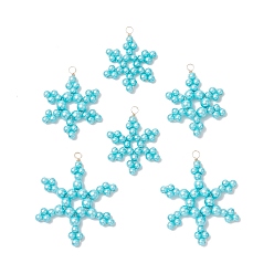 Небесно-голубой 6шт 3 стили стеклянные снежинки подвески, с экологически чистой медной проволокой, граненые, голубой, 40x32x4 мм, отверстие : 4 мм