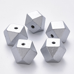 Silver Painted Natural Wood European Beads, Large Hole Beads, Polygon, Silver, 19.5x19.5x20mm, Hole: 4.5mm