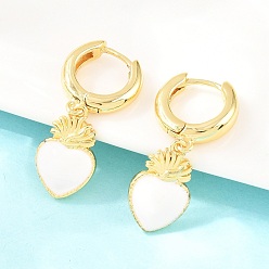 Белый Латунные серьги-кольца ко Дню святого Валентина, с эмалью, святое сердце, без кадмия и без свинца, долговечный, стойки покрытие, реальный 18 k позолоченный, белые, 33x11 мм