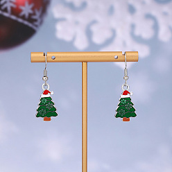 Рождественская елка Серьги-подвески из сплава с эмалью в рождественской тематике, платина, рождественская елка, 40x13 мм