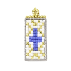 Средний Синий Шифер Прямоугольник из стеклянного бисера ручной работы с подвесками-крестиками, 304 из нержавеющей стали связывание кольцо, средний грифельно-синий, 33x13.5x2 мм, отверстие : 1.2 мм