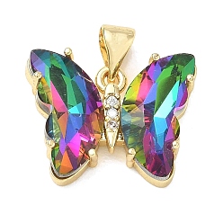 Colorful Brass Micro Pave Clear Cubic Zirconia Pendants, with Glass, Butterfly Charms, Lead Free & Cadmium Free, Long-Lasting Plated, Rack Plating, Real 18K Gold Plated, Colorful, 15x19x5mm, Hole: 5x3.5mm