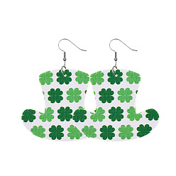 Зеленый Серьги-подвески из искусственной кожи ко Дню Святого Патрика, платина, шляпа с узором, зелёные, 60x50 мм