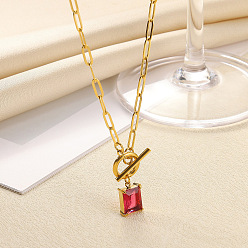 Светло-Вишневый 304 Кулон или ожерелье из нержавеющей стали с квадратным камнем-талисманом, инкрустированным кубическим цирконием., золотые, светло-вишневый, 17.72 дюйм (45 см)
