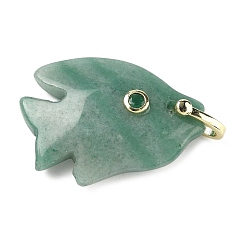 Зеленый Авантюрин Резные подвески из натурального зеленого авантюрина, Подвески в виде рыбок с фианитами и латунной фурнитурой, золотые, стойки покрытие, 32~33.5x23.5~24.5x8~8.5 мм, отверстие : 5x6 мм