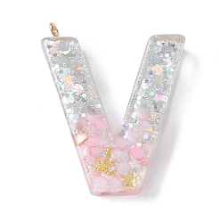 Letter U Подвески из смолы, с ракушкой, пайетками и петлей из сплава глодена, буква а~б, Буква U, 42~44x11.5~57x7.5~8.5 мм, отверстие : 2 мм