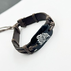 Волк Плетеные браслеты из коровьей кожи и хлопкового шнура, браслеты из смоляных бусин для мужчин, волк, 7-1/8 дюйм (18 см)