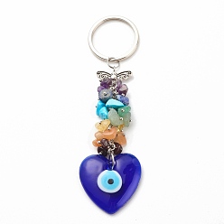 Medium Blue Natural & Synthetic Gemstone Beaded & Handmade Lampwork Pendants Keychain, with Brass, Iron, 304 Stainless Steel & Alloy Findings, Heart with Evil Eye, Medium Blue, 14.2cm