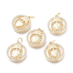 Real 18K Gold Plated Brass Micro Pave Cubic Zirconia Pendants, with Jump Rings and Natural Shell, Long-Lasting Plated, Cadmium Free & Lead Free & Nickel Free, for Religion, Flat Round with Heart & Cross, Clear, Real 18K Gold Plated, 18x16x3mm, Hole: 3.4mm
