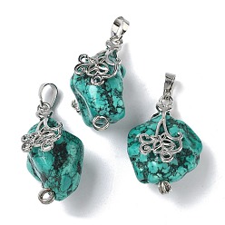 Бирюза Окрашенные необработанные натуральные магнезитовые подвески, самородки прелести, с стеллаж металлизированный платины тон выводов латуни, бирюзовые, 36~38x20~23.5x17.5~24 мм, отверстия : 8x4.5 mm и 2 мм