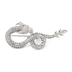 Платина Броши из сплава кристаллов и страз, дракон, платина, 22.5x50 мм