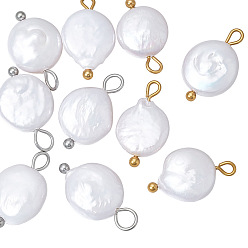 Золотой & Цвет Нержавеющей Стали 10шт. 2 цвета, подвески из натурального пресноводного жемчуга кеши, плоские круглые прелести, с 304 петлями из нержавеющей стали, белые, золотые и нержавеющая сталь цвет, 15.5~17x9~10.5x4~5.5 мм, отверстие : 1.6~3 мм, 5 шт / цвет
