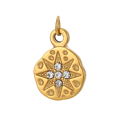 Прозрачный 304 микро нержавеющей стали прокладывать Цирконом подвески, плоский круглый с солнечным шармом, ионное покрытие (ip), реальный 18 k позолоченный, долговечный, прозрачные, 14x11 мм, отверстие : 2 мм