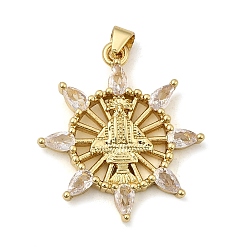 Sun Religion Brass Micro Pave Cubic Zirconia Pendants, Real 18K Gold Plated, Long-Lasting Plated, Rack Plating, Lead Free & Cadmium Free, Saint Charms, Sun, 29x25.5x3.5mm, Hole: 5x8.5mm