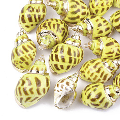 Champagne Yellow Spray Paint & Electroplate Spiral Shell Pendants, with Iron Findings, Light Gold, Champagne Yellow, 28~38x15~22x13~20mm, Hole: 2mm