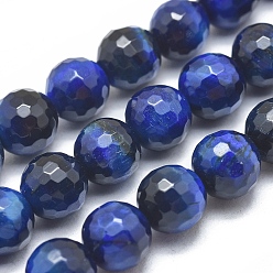 Blue Natural Tiger Eye Beads Strands, Faceted, Round, Dyed & Heated, Blue, 8mm, Hole: 1mm, about 48pcs/Strand, 14.9 inch~15.3  inch(38~39cm)