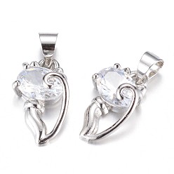 Прозрачный Кулоны для котят из латуни с фианитом, силуэт кота, платина, прозрачные, 16x9x5.5 мм, отверстие : 4x5 мм