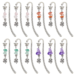 Античное Серебро 12 шт. 4 стили натуральный розовый кварц и зеленый авантюрин и аметист и красный агат чипсы и сплав клевер подвески закладки, закладки с крючками из сплава, 83 мм, 3 шт / стиль
