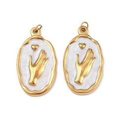Белый 304 нержавеющей стальной эмали подвески, овал с рисунком жестов, реальный 18 k позолоченный, ионное покрытие (ip), с целью перехода в кольце, белые, 29x16.5x2.5 мм, отверстие : 3 мм