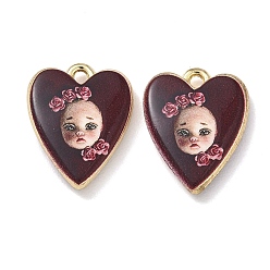 Dark Red Printed Alloy Pendants, Heart with Baby Doll & Rose Charms, Rack Plating, Cadmium Free & Nickel Free & Lead Free, Golden, Dark Red, 19x15x4mm, Hole: 1.8mm