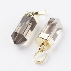 Rauchquarz Natürliche Rauchquarz spitze Anhänger, mit Messing-Zubehör, Kugel, golden, 19~21x7 mm, Bohrung: 4x6 mm