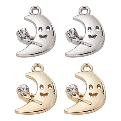 Platinum & Light Gold 4 pcs 2 pendentifs en strass en alliage de placage de rack de couleurs, charmes de croissant de lune, platine et or clair, 16.5x12x3.5mm, Trou: 1.6mm, 2 pcs / couleur