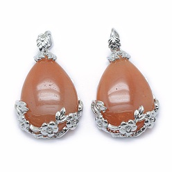 Красный Авантюрин Натуральный красный авантюрин подвески, со сплавочной фурнитурой, слеза, платина, 40.5x28.5x10 мм, отверстие : 4.5x8 мм