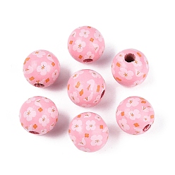 Pink Набивные деревянные европейские бусины, круглые с цветочным узором, бусины с большим отверстием, розовые, 15.5~16x14.5~15 мм, отверстие : 4.5 мм