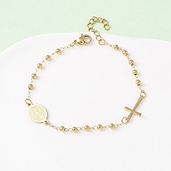 Золотой Религия 304 браслеты из нержавеющей стали, браслеты из круглых бусин для женщин, овал со святым и крестом, золотые, 7-3/8 дюйм (18.8 см)