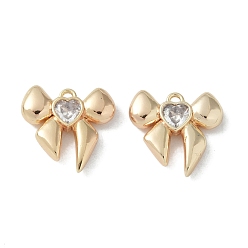 Clear Brass Charms, with Glass, Bowknot, Real 18K Gold Plated, Clear, 13x14x3mm, Hole: 1.4mm