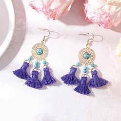 Индиго Плоские круглые 304 серьги-люстры из нержавеющей стали с кисточками из поликоттона, с латунными звеньями-элементами люстры цвета синтетической бирюзы, окрашенными в паве, и латунными проставками, золотые, индиговые, 74 мм