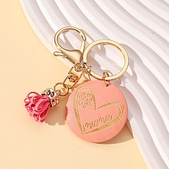 Pink Брелок-подвеска с деревянной кисточкой, плоское круглое сердце, розовые, 110x40 мм