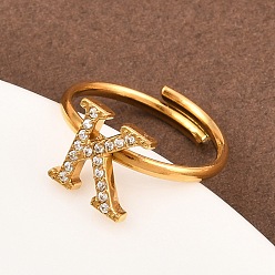 Letter K 304 Открытые кольца-манжеты из нержавеющей стали с микропаве из кубического циркония, буквы, ионное покрытие (ip), реальный 18 k позолоченный, Письмо K, 1.5 мм, внутренний диаметр: 15.6 мм