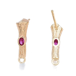 Medium Violet Red Brass Micro Pave Cubic Zirconia Stud Earring Findings, with Horizontal Loops, Nickel Free, Bamboo Stick, Real 18K Gold Plated, Medium Violet Red, 16x4.5mm, Hole: 1.2mm, Pin: 0.8mm
