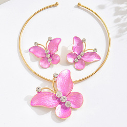 Ярко-Розовый Комплекты из ожерелий и серег-гвоздиков из сплава эмали и хрустальных страз, золотые, бабочка, ярко-розовый, внутренний диаметр: 4.72 дюйм (12 см)