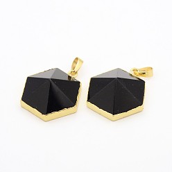 Black Stone Synthetical Black Stone Gemstone Hexagon Pendants, Dyed, with Golden Plated Brass Finding, Faceted, 30x29x12mm, Hole: 5x8mm