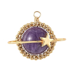 Amethyst Natural Amethyst Copper Wire Wrapped Pendants, Planet Charms with Brass Star, Golden, 21x24x16mm, Hole: 2mm
