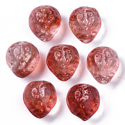 Rot Transparente sprühlackierte Glasperlen, mit goldener Folie, Hälfte gebohrt, , Erdbeer-Form, rot, 13x11x10 mm, Bohrung: 1 mm