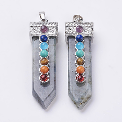 Лабрадорита Натуральный лабрадорит с синтетическими и натуральными смешанными каменными чакрами большие подвески, меч, платина, 57~60x16.5x12 мм, отверстие : 5 мм