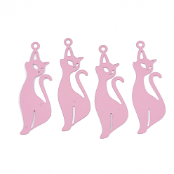 Flamingo 430 Stainless Steel Kitten Pendants, Spray Painted, Etched Metal Embellishments, Cat Silhouette Shape, Flamingo, 39x12x0.4mm, Hole: 1.6mm