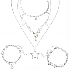 Платина Многослойные ожерелья и многорядные браслеты из цинкового сплава с подвеской в виде звезды для женщин, платина, 14.96~21.26 дюйм (38~54 см), 1 комплект