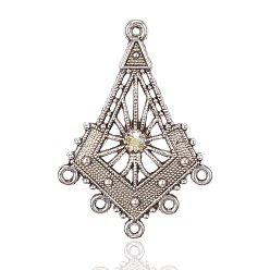 Argent Antique Alliage lustre liens de composants, avec le cristal ab strass, losange, argent antique, 46x32x4mm, trou: 1.5 mm et 2 mm