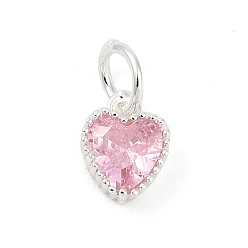 Pink Латунные микро проложить кубического циркония подвески, сердце прелести, стойки покрытие, долговечный, с целью перехода в кольце, розовые, 9x7x3.5 мм