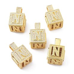 Letter N Кулоны из латуни с микропейвом и прозрачным фианитом, реальный 18 k позолоченный, куб с письмом, letter.n, 26x17x17 мм, отверстие : 5x8 мм