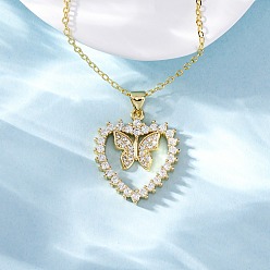 Настоящее золото 18K Латунные микропаве прозрачные кубические цирконии бабочка сердце кулон ожерелья для женщин, реальный 18 k позолоченный, 17.60 дюйм (44.7 см)