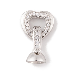 Platinum Rack Plating Brass Micro Pave Clear Cubic Zirconia Fold Over Clasps, Long-Lasting Plated, Lead Free & Cadmium Free, Heart, Platinum, 21.7mm, Heart: 12x13x4mm, Clasp: 14.5x7.5mm
