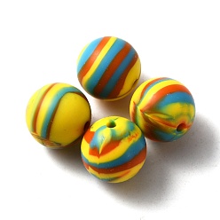 Yellow Silicone Beads, Round with Stripe Pattern, Yellow, 15x15mm, Hole: 2mm