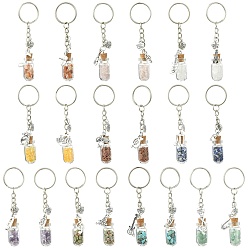 Antique Silver 20Pcs Glass Bottle with Natural & Synthetic Gemstone Chip Keychains, with Alloy Pendants and Iron Rings, Antique Silver, 85mm