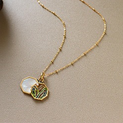 Golden Brass Enamel and Natural Shell Octagon Pendant Necklaces for Women, with White Plastic Pearl, Golden, 15.55 inch(39.5cm)