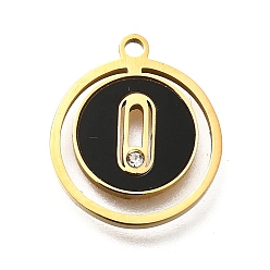 Золотой 304 из нержавеющей стали плоским круглые подвески, с пластиковой имитацией ракушки и стразами, ионное покрытие (ip), чёрные, золотые, 17x15x1.7 мм, отверстие : 1.6 мм